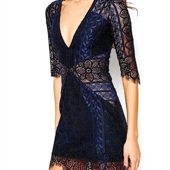 For Love and Lemons - Lyla Deep V Blue and Black Lace Overlay Mini Dress - XS - Picture 3 of 8